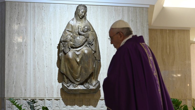 Pope Francis celebrates Mass in the chapel of his Vatican residence, the Domus Sanctae Marthae, April 1, 2020. The pope thanked journalists and members of the media "who work to communicate so that people don't find themselves so isolated." (CNS photo/Vatican Media)