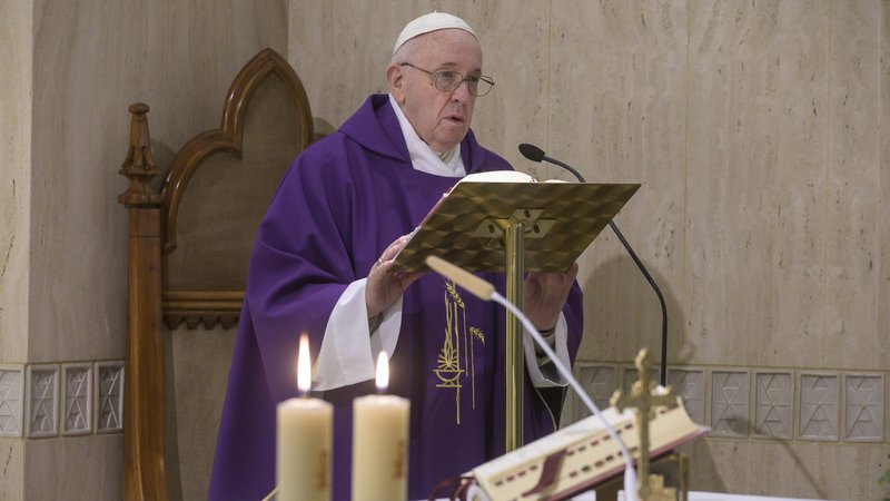 Pope Francis celebrates Mass in the chapel of his Vatican residence, the Domus Sanctae Marthae, April 8, 2020. The pope asked that people pray for a change of heart of people profiteering during the pandemic and taking advantage of people in need. (CNS photo/Vatican Media)