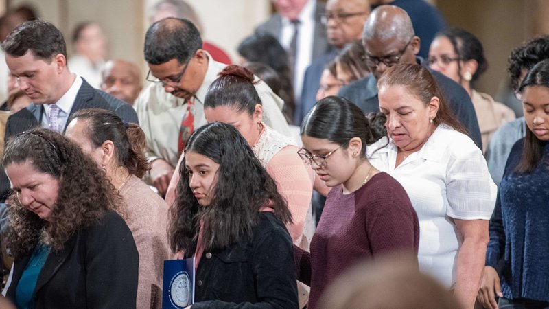People at the Basilica of the National Shrine of the Immaculate Conception in Washington participate in the Rite of Election and Call to Continuing Conversion March 1, 2020. (CNS photo/Mihoko Owada, Catholic Standard)