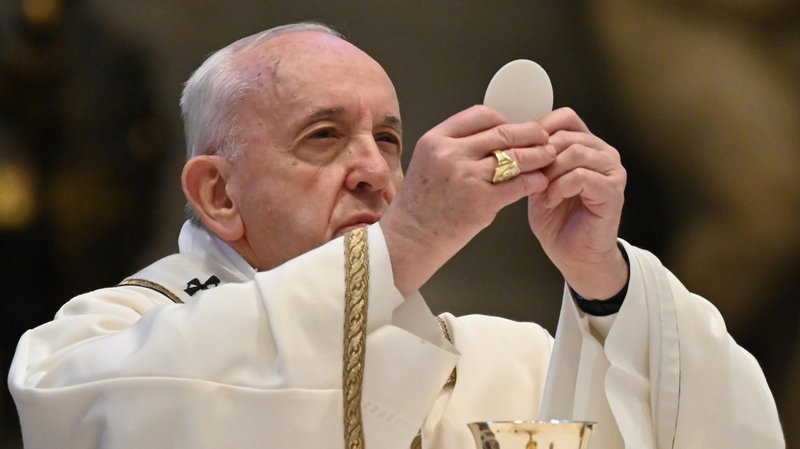 Pope Francis celebrates the Eucharist during Easter Mass in St. Peter's Basilica at the Vatican April 12, 2020. The Mass was celebrated without the presence of the public due to the coronavirus pandemic. (CNS photo/Andreas Solaro, Reuters pool)
