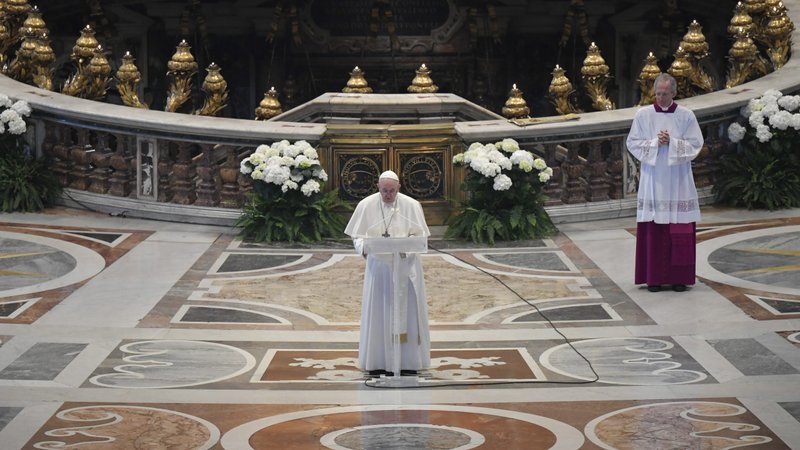 Pope Francis delivers his Easter message "urbi et orbi" (to the city and the world) after celebrating Easter Mass in St. Peter's Basilica at the Vatican April 12, 2020. The Mass was celebrated without the presence of the public due to the coronavirus pandemic. (CNS photo/Vatican Media)