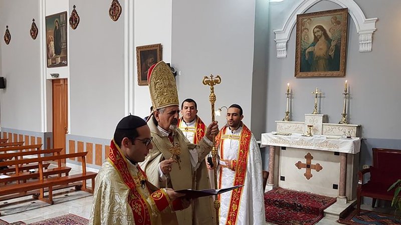 Syriac Catholic Patriarch Ignace Joseph III Younan celebrates Easter Mass April 12, 2020, at St. Ignatius Church in Beirut; the Mass was livestreamed because of the COVID-19 pandemic. (CNS photo/courtesy Syriac Catholic patriarchate)