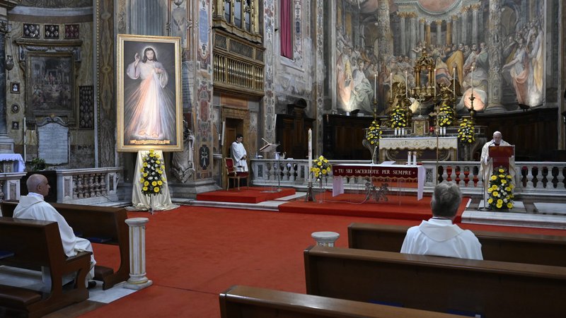 Pope Francis celebrates Mass marking the feast of Divine Mercy at the Church of the Holy Spirit near the Vatican in Rome April 19, 2020. The church houses a sanctuary dedicated to Divine Mercy. (CNS photo/Vatican Media)