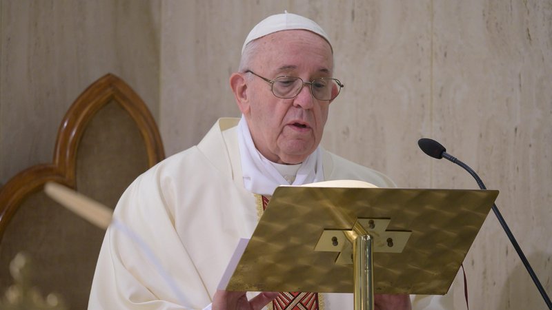Pope Francis prays for political parties so that they "may seek together the good of the country and not the good of their own party" during the COVID-19 pandemic. The pope made the prayer at the beginning of Mass April 20, 2020, in the chapel of his Vatican residence, the Domus Sanctae Marthae. (CNS photo/Vatican Media)
