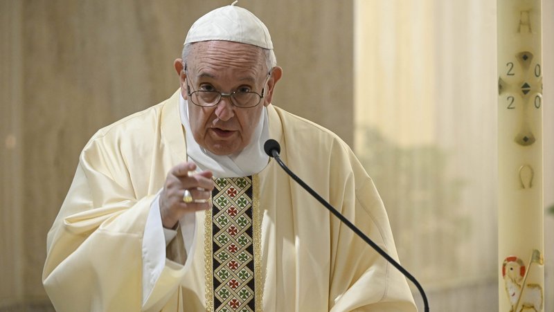 Pope Francis gives the homily during his early morning Mass April 23, 2020, in the chapel of the Domus Sanctae Marthae at the Vatican. In his homily, Pope Francis said people need to trust that Jesus prays for them and intercedes for them before God the father. (CNS photo/Vatican Media)