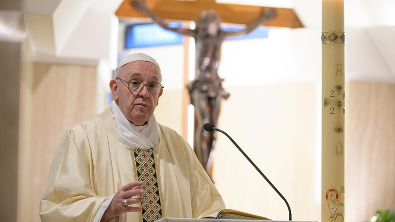 Pope Francis delivers the homily as he celebrates Mass in the chapel of the Domus Sanctae Marthae at the Vatican April 24, 2020. The pope began the Mass praying for teachers and students who have had to adapt to working online during the COVID-19 pandemic. (CNS photo/Vatican Media)