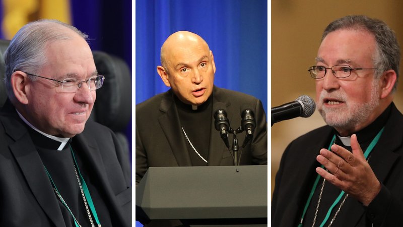 Archbishop Jose H. Gomez of Los Angeles, president of the U.S. Conference of Catholic Bishops, Washington Auxiliary Bishop Mario E. Dorsonville, chairman of the USCCB Committee on Migration, and Bishop Jaime Soto of Sacramento, Calif., chairman of the board of directors of the Catholic Legal Immigration Network Inc., are seen in this composite photo. (CNS composite; photos by Bob Roller)
