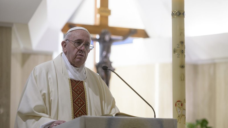 Pope Francis gives his homily during Mass April 28, 2020, in the chapel of his Vatican residence, the Domus Sanctae Marthae. (CNS photo/Vatican Media)