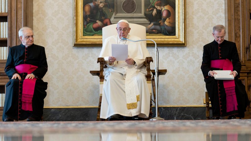 Pope Francis holds his weekly general audience April 29, 2020, in the papal library in the Apostolic Palace. Concluding his series of audience talks about the Eight Beatitudes, the pope focused on the final one, "Blessed are they who are persecuted for the sake of righteousness, for theirs is the kingdom of heaven." (CNS photo/Vatican Media)