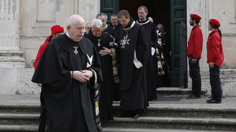 Fra' Giacomo Dalla Torre, left, is seen in a 2018 file photo in Rome. Dalla Torre, who led the Knights of Malta following a tumultuous period in relations with the Vatican, died in Rome April 29, 2020, at the age of 75, the order announced. (CNS photo/Paul Haring)