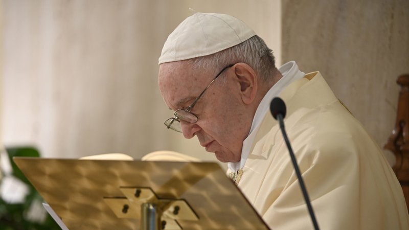 Pope Francis celebrates Mass April 29, 2020, in the chapel of his Vatican residence, the Domus Sanctae Marthae. The pope prayed "for the unity of Europe, for the European Union so that together we may go forward as brothers and sisters," confronting the coronavirus pandemic and its aftermath. (CNS photo/Vatican Media)