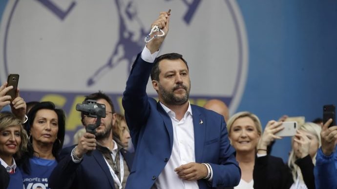 In this file photo taken on May 18, 2019, Matteo Salvini holds a rosary as he gives his speech during a rally organized with leaders of other European nationalist parties, ahead of the May 23-26 European Parliamentary elections, in Milan, Italy. (Luca Bruno/AP via Crux)