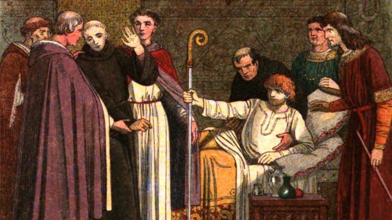 A 19th-century portrayal of Anselm being dragged to the cathedral by the English bishops. (Wikipedia)