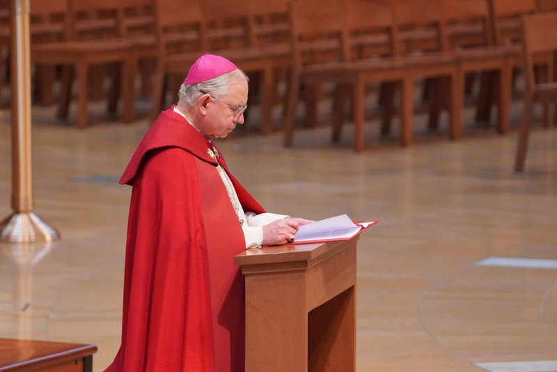 Archbishop Gomez prays during the Litany of the Sacred Heart service on Good Friday, April 10, 2020. (Sarah Yaklic)