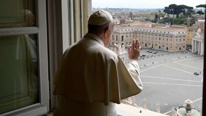 Pope Francis blesses an almost empty St. Peter’s Square April 13, 2020. (Vatican Media via CNA)