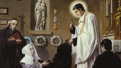 Depiction of St. Louis-Marie de Montfort with Marie Louise Trichet, at the Daughter of the Wisdom congregation, 19th century. (Wikipedia)