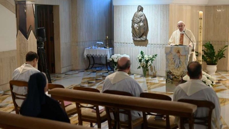 Pope Francis celebrates morning Mass at the Casa Santa Marta April 27, 2020. (Vatican Media via CNA)