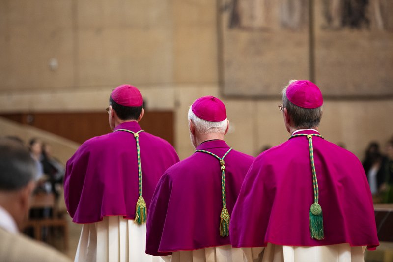 Three of the Archdiocese of Los Angeles' auxiliary bishops at a Rite of Election ceremony at the Cathedral of Our Lady of the Angels in 2019. (Victor Alemán)
