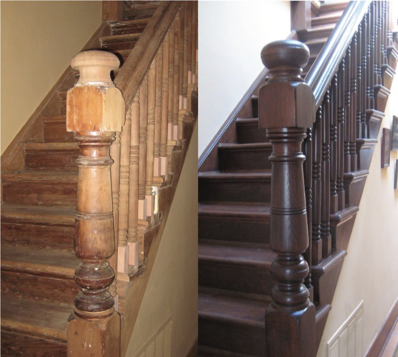 A staircase, shown before and after being restored by Mary Gandsey. (Photos courtesy Mary Gandsey)