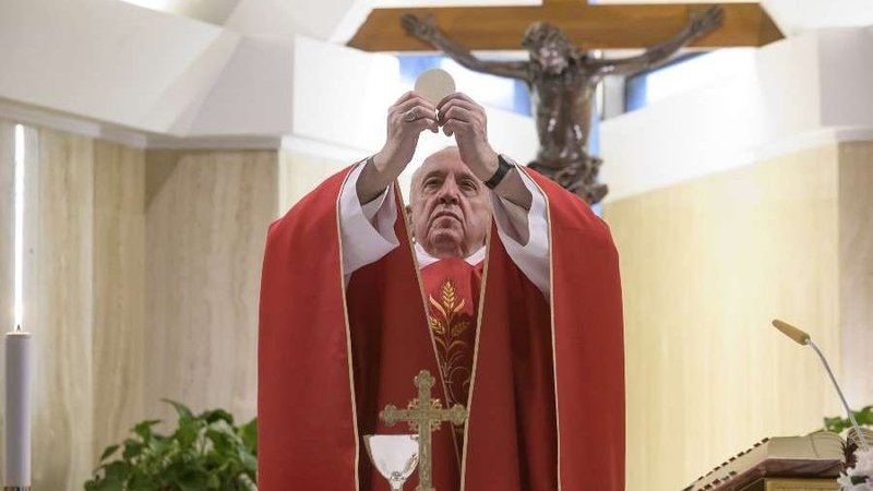 Pope Francis celebrates Mass in the chapel of the Casa Santa Marta May 14, 2020. (Vatican Media via CNA)