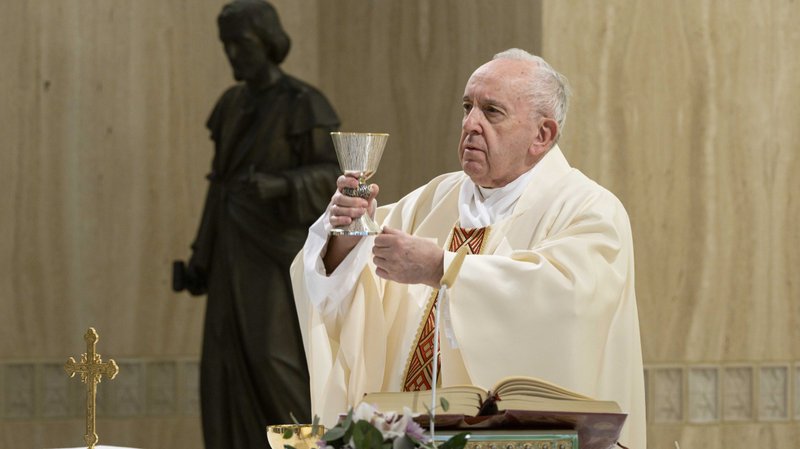 Pope Francis celebrates Mass May 1, 2020, in the chapel of his Vatican residence, the Domus Sanctae Marthae. (CNS photo/Vatican Media)