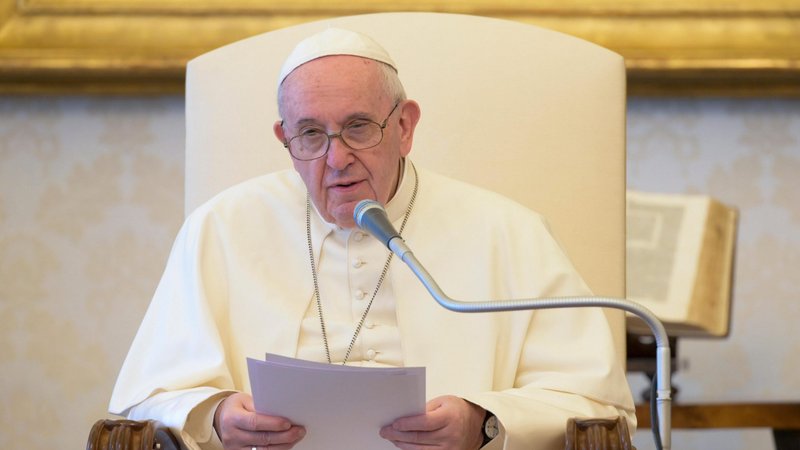 Pope Francis leads his weekly general audience from the papal library in the Apostolic Palace May 6, 2020. The pope was beginning a new series of audience talks about prayer. (CNS photo/Vatican Media)