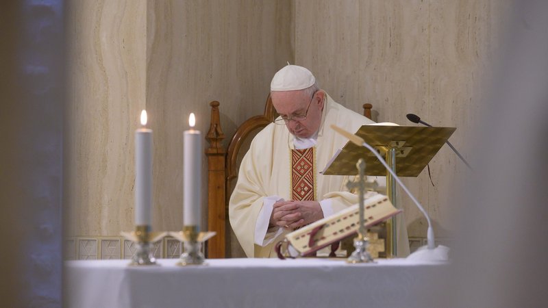 Pope Francis arrives for Mass in the chapel of the Domus Sanctae Marthae May 6, 2020. The pope offered his early morning Mass for journalists and members of the media who, despite the risks, work tirelessly to inform the public of the ongoing pandemic. (CNS photo/Vatican Media)