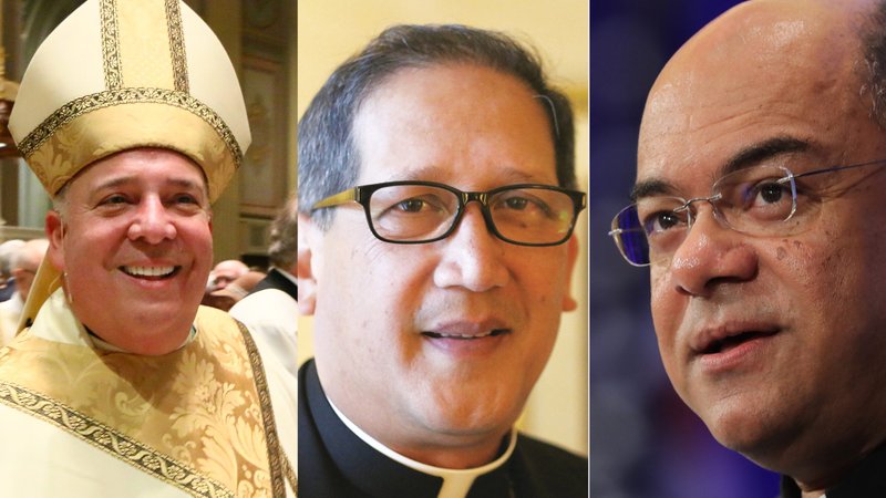 Philadelphia Archbishop Nelson J. Perez, chairman of the U.S. Conference of Catholic Bishops' Committee for Cultural Diversity in the Church; Salt Lake City Bishop Oscar A. Solis, chairman of the USCCB's Subcommittee on Asian and Pacific Island Affairs; and Bishop Shelton J. Fabre of Houma-Thibodaux, La., chairman of the Ad Hoc Committee Against Racism, are seen in this composite photo. The three chairmen released a joint statement May 5, 2020, expressing their deep concern about incidents of racism and xenophobia against Americans of Asian and Pacific Island heritage amid the coronavirus outbreak. (CNS composite photo; Sarah Webb, CatholicPhilly.com; J.D. Long-Garcia, The Tidings; Bob Roller)