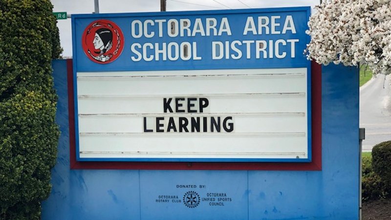 A sign for the rural Octorara Area School District in Pennsylvania, which closed down in March amid the coronavirus pandemic, reads "Keep Learning" in this April 4, 2020, photo. Catholic educators wonder how to restart the next school year. (CNS photo/Michele Orner, Reuters)