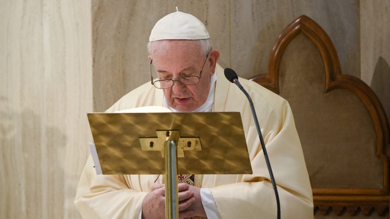 Pope Francis celebrates morning Mass in the chapel of his residence, the Domus Sanctae Marthae, at the Vatican May 15, 2020. (CNS photo/Vatican Media)