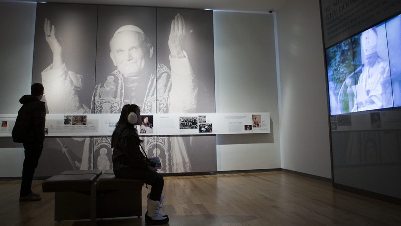 Pilgrims visit the St. John Paul II National Shrine in Washington Jan. 16, 2019. (CNS photo/Tyler Orsburn)