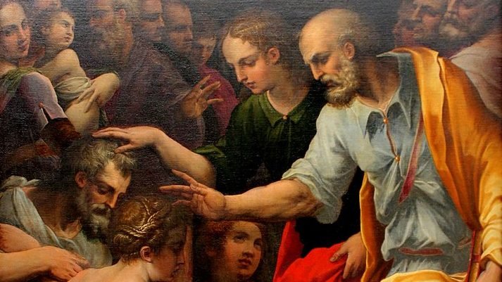 “Apostles Peter and John Blessing the People of Samaria,” by Giorgio Vasari, 1511-1574, Italian. (Wikimedia Commons)