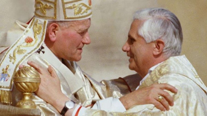 Pope John Paul II greets Cardinal Joseph Ratzinger during his inauguration October 22, 1978. (Vatican Media via CNA)