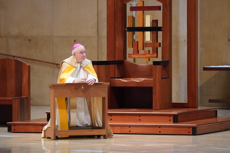 Archbishop Gomez prays during the reconsecration ceremony May 1, 2020, at the Cathedral of Our Lady of the Angels. (Sarah Yaklic)