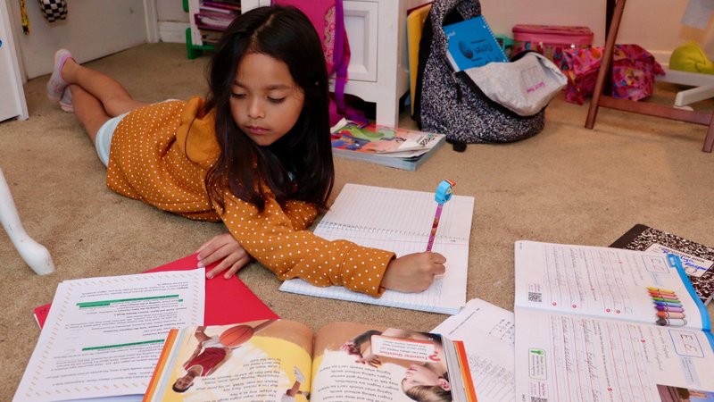 A LA-area Catholic elementary school student does homework after a day of "distance learning" during the spring of 2020. (Submitted photo)