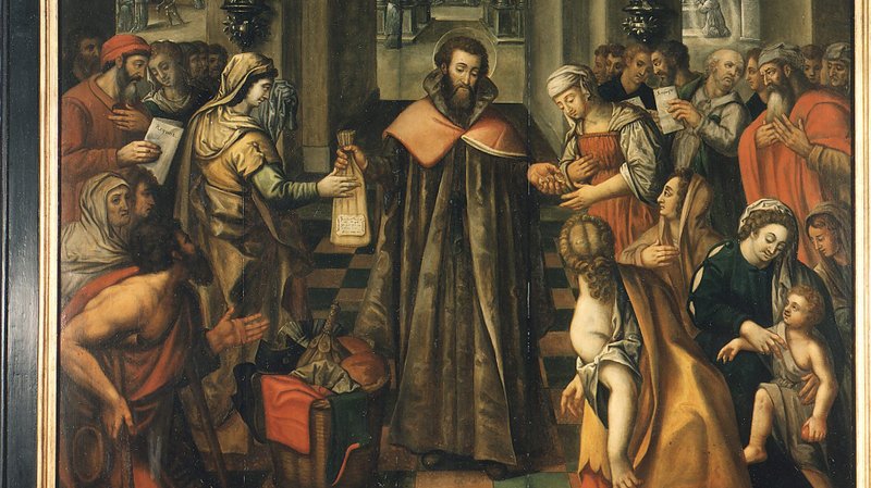 “St Ives Giving Alms to the Poor, “by Josse van der Baren. (Wikipedia)