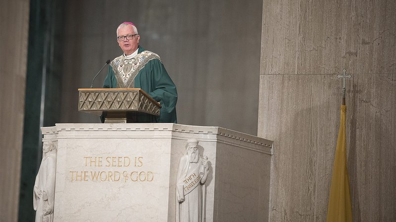 Bishop Donald J. Hying of Madison, Wis., delivers a homily at the Basilica of the National Shrine of the Immaculate Conception in Washington Jan. 26, 2020. On behalf of the Diocese of Madison, religious freedom law firms wrote local government officials demanding "equal treatment," saying crowd-size restrictions treat protests and movies better than churches. (CNS photo/Tyler Orsburn)