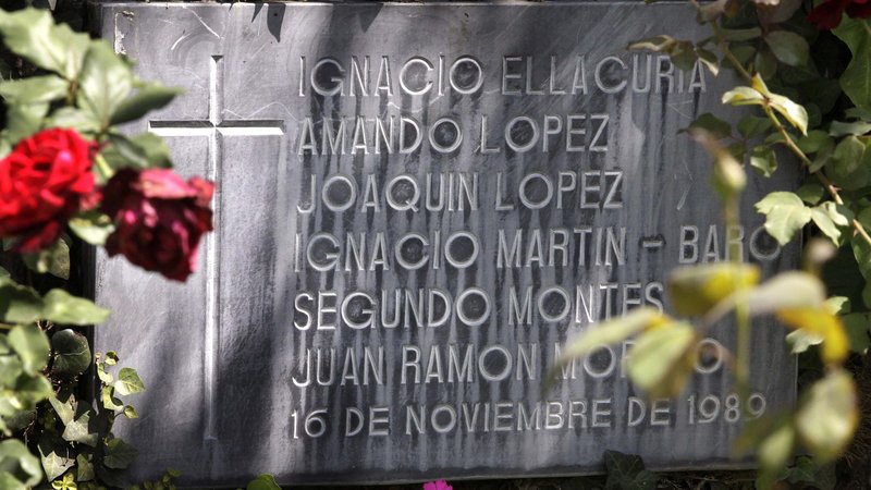 This file photo taken at Central American University in San Salvador, El Salvador, shows a memorial bearing the names of six Jesuits massacred in 1989 during El Salvador's civil war. (CNS photo/Luis Galdamez, Reuters)
