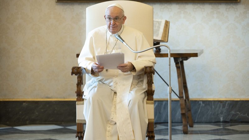 Pope Francis leads his weekly general audience from the library of the Apostolic Palace at the Vatican June 10, 2020. During the COVID-19 pandemic, the audience is being livestreamed without the presence of pilgrims and tourists. (CNS photo/Vatican Media)