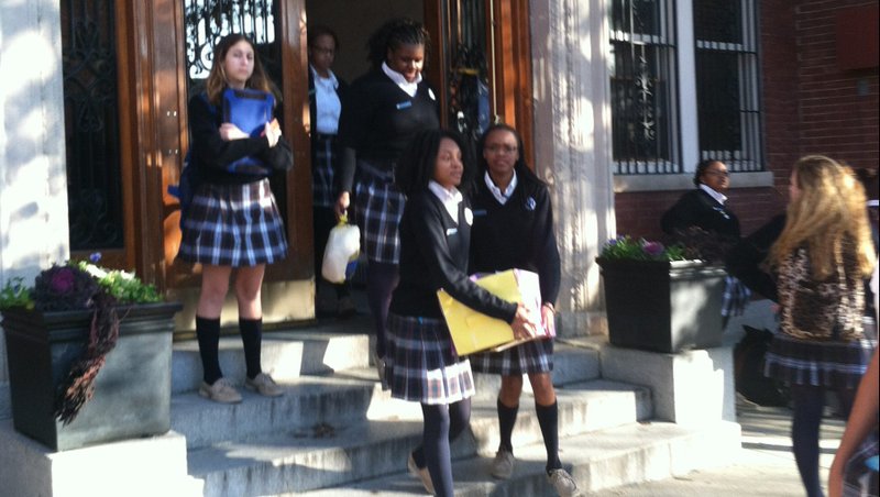 Students walk out of the Institute of Notre Dame building in Baltimore, in this 2014 photo. The Catholic school, which began educating girls in 1847 with alumni that include House Speaker Nancy Pelosi, closed its doors for good at the end of the 2019-2020 school year. (CNS photo/courtesy Institute of Notre Dame)