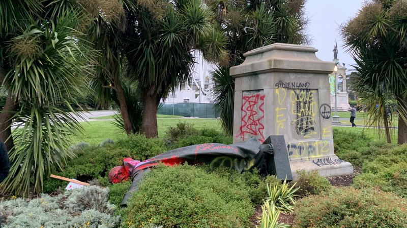 A vandalized statue of St. Junipero Serra in San Francisco is seen June 19, 2020. The Spanish Franciscan founded several missions in what is now California. (CNS photo/David Zandman via Reuters)