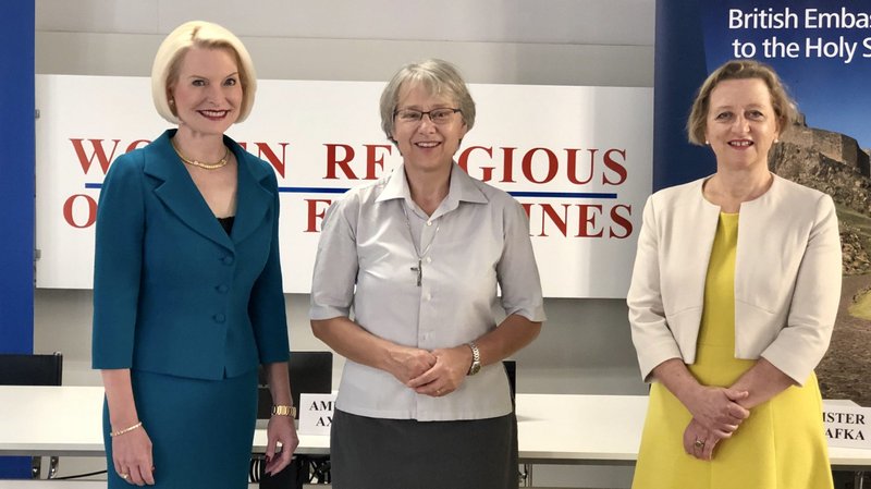 Callista Gingrich, the U.S. ambassador to the Holy See, poses for a photo with Claretian Missionary Sister Jolanda Kafka, president of the International Union of Superiors General, and Sally Axworthy, the British ambassador to the Holy See, June 23, 2020, in Rome before the online symposium, "Women Religious on the Frontlines." (CNS photo/courtesy of the U.S. Embassy to the Holy See)