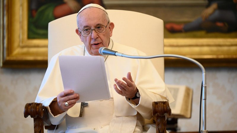 Pope Francis speaks during his weekly general audience in the library of the Apostolic Palace at the Vatican June 24, 2020. During the audience, the pope said people can put themselves back in God's hands through prayer. (CNS photo/Vatican Media)