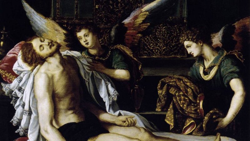 “The Body of Christ Anointed by Two Angels,” by Alessandro Allori, 1535–1607, Italian.