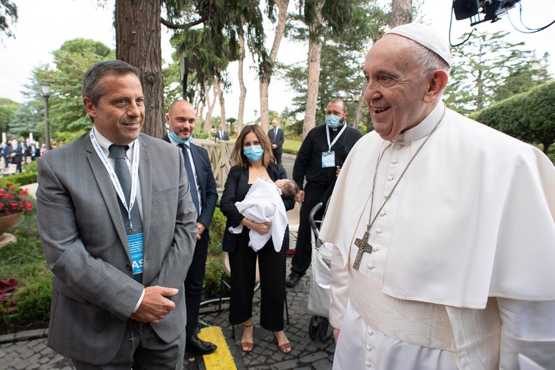 Gianni De Cerce with Pope Francis May 30 in the Vatican Gardens. De Cerce was invited to represent COVID-19 survivors at the special prayer service for an end to the pandemic. (Vatican Media)
