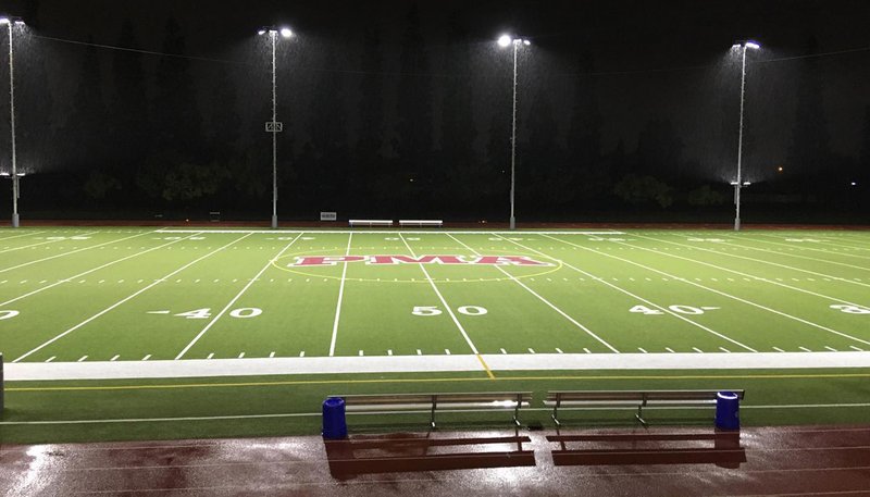 St. Pius-Matthias Academy's empty Smet Stadium on April 9, 2020. (Image via Facebook @PiusMatthiasAcademy)