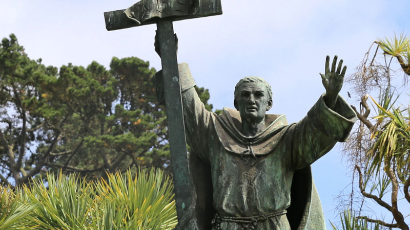 A statue of Serra by Douglas Tilden formerly installed in Golden Gate Park, San Francisco before it was removed during the George Floyd protests. (Wikimedia Commons)
