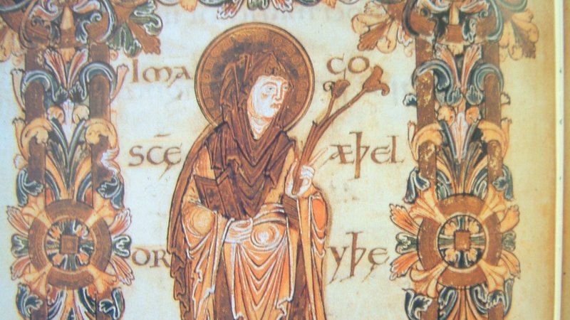 "Saint Æthelthryth," from Benedictional of St. Æthelwold, 10 C British Library. (Wikipedia)
