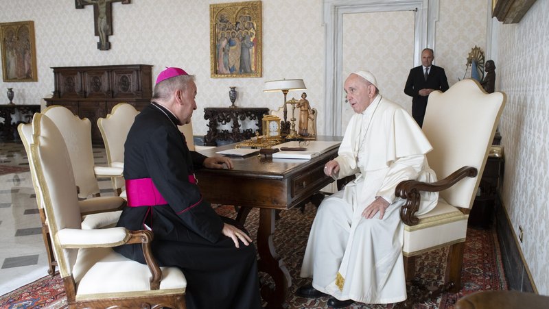 Archbishop Luigi Ventura meets with Pope Francis at the Vatican in this file photo from Oct. 18, 2018. (CNS photo/Vatican Media)