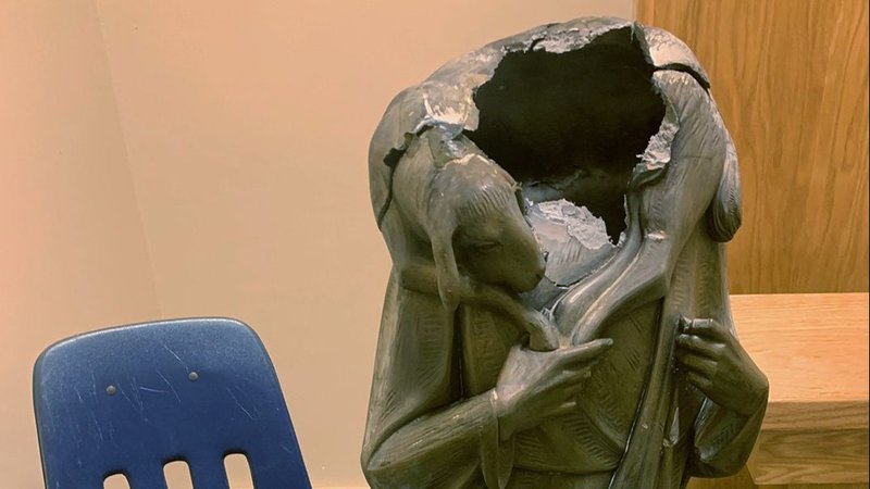 A decapitated statue of Jesus is seen at Good Shepherd Catholic Church in Miami July 15, 2020. (CNS photo/courtesy Florida Catholic)